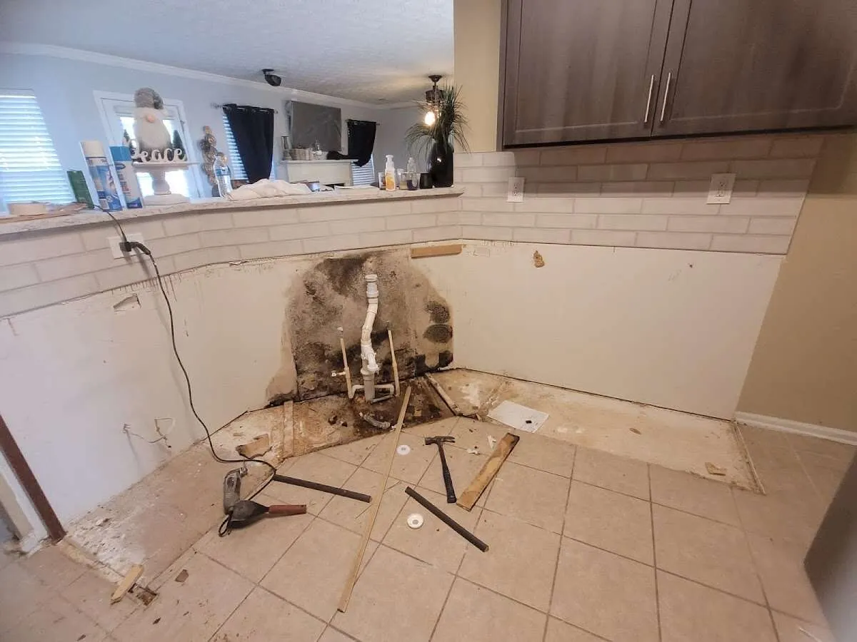 Mold behind wall with plumbing during Flood Damage Cleanup in Barrington